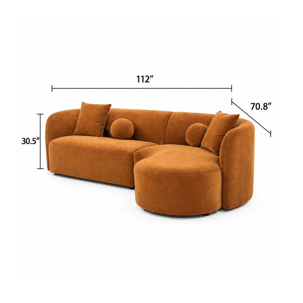 Revi Curved Sectional Sofa | 4 Pillows | Caramel Brown Chenille 112"