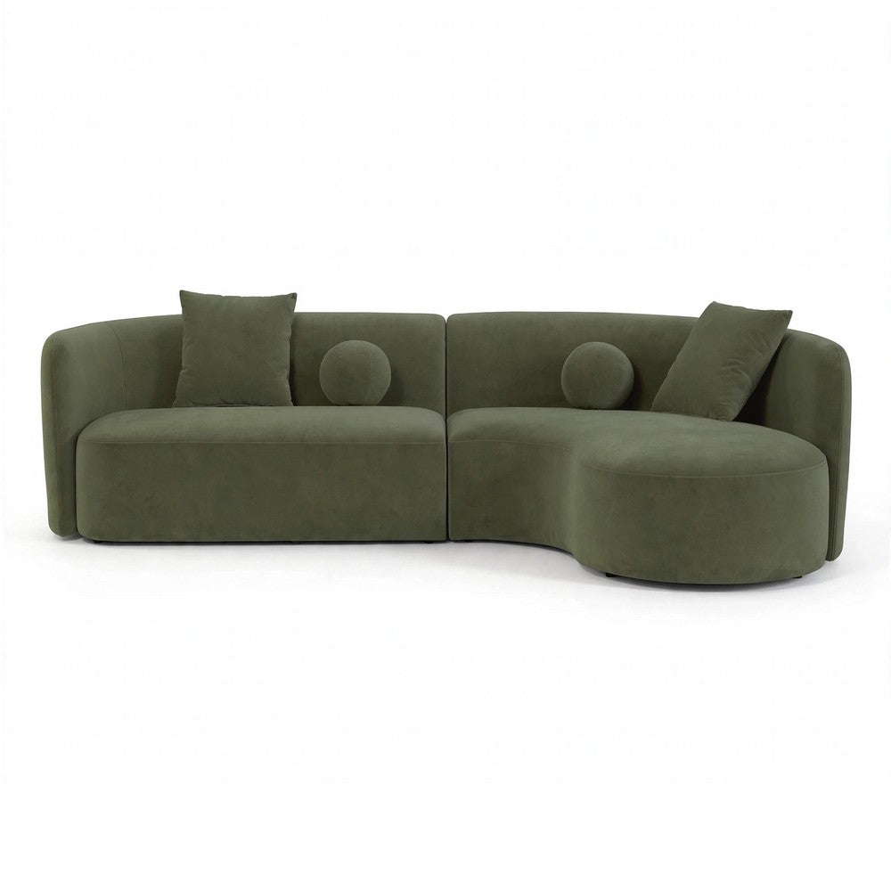 Revi Curved Sectional Sofa | 4 Pillows | Olive Green Chenille 112"