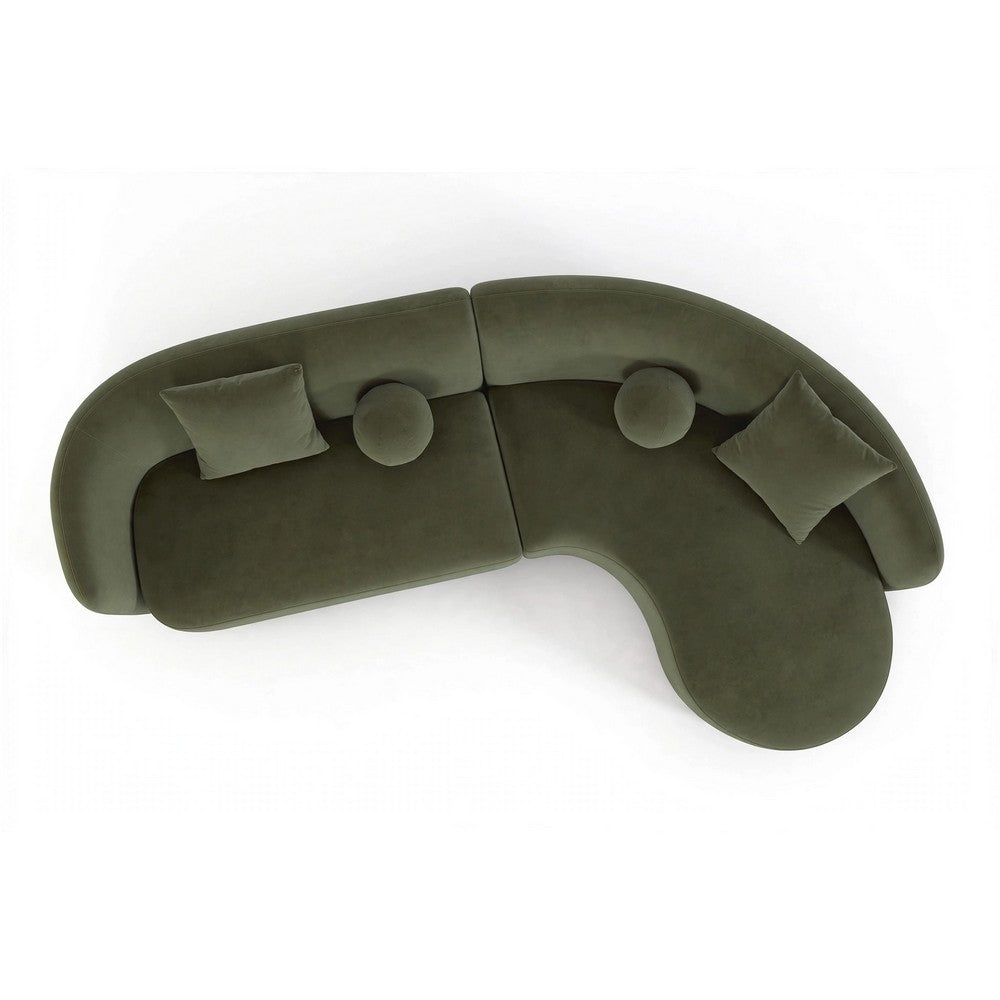 Revi Curved Sectional Sofa | 4 Pillows | Olive Green Chenille 112"