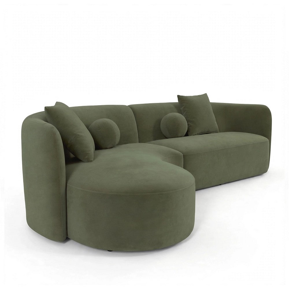 Revi Curved Sectional Sofa | 4 Pillows | Olive Green Chenille 112"
