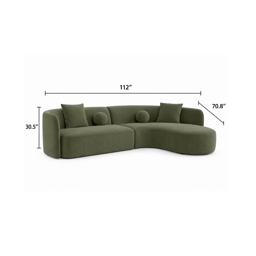 Revi Curved Sectional Sofa | 4 Pillows | Olive Green Chenille 112"