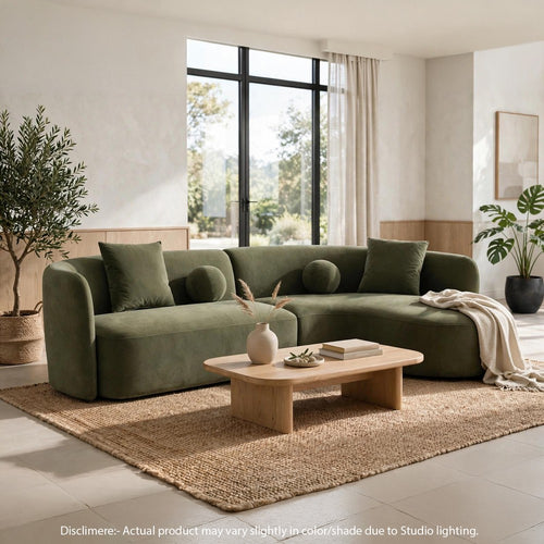 Revi Curved Sectional Sofa | 4 Pillows | Olive Green Chenille 112"