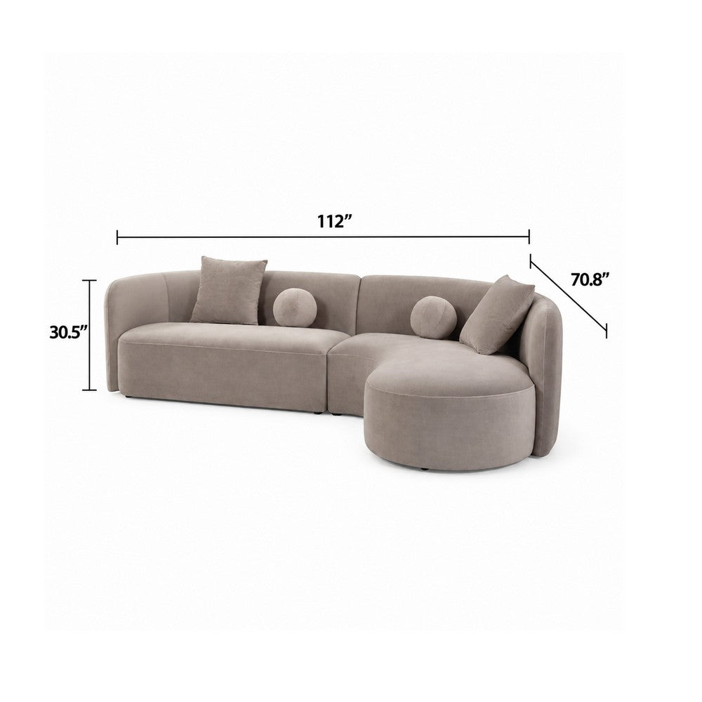 Revi Curved Sectional Sofa | 4 Pillows | Light Brown Chenille 112"