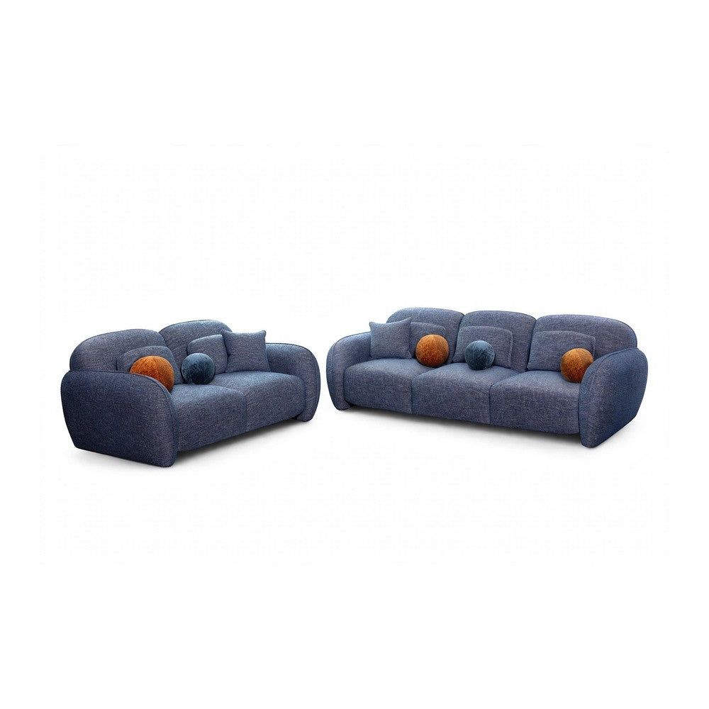 Riti 2pc Sofa and Loveseat Set w 10 Pillows | Foam Fill Denim Blue Chenille