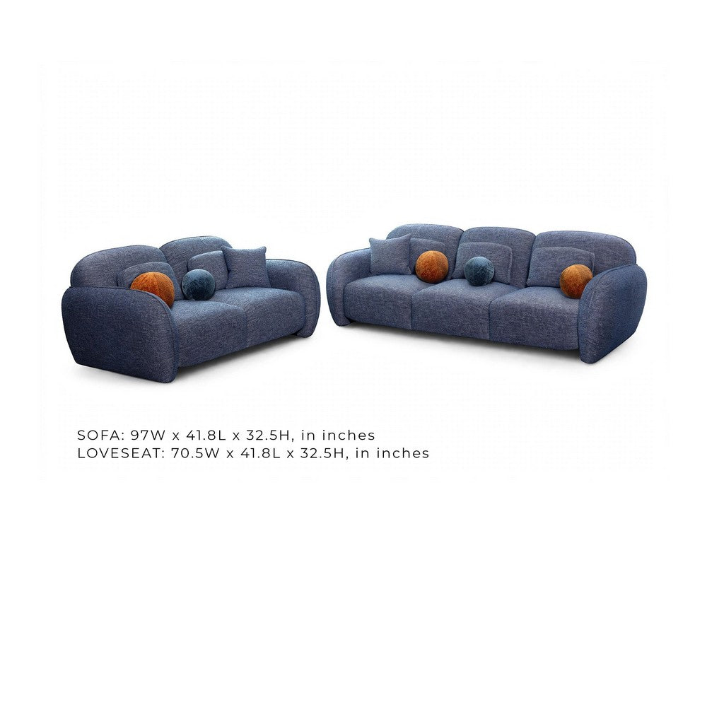 Riti 2pc Sofa and Loveseat Set w 10 Pillows | Foam Fill Denim Blue Chenille
