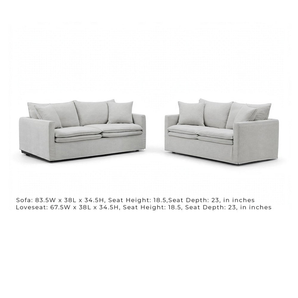 Rutu 2pc Sofa and Loveseat Set w 4 Pillows | Track Arms | Light Gray Linen
