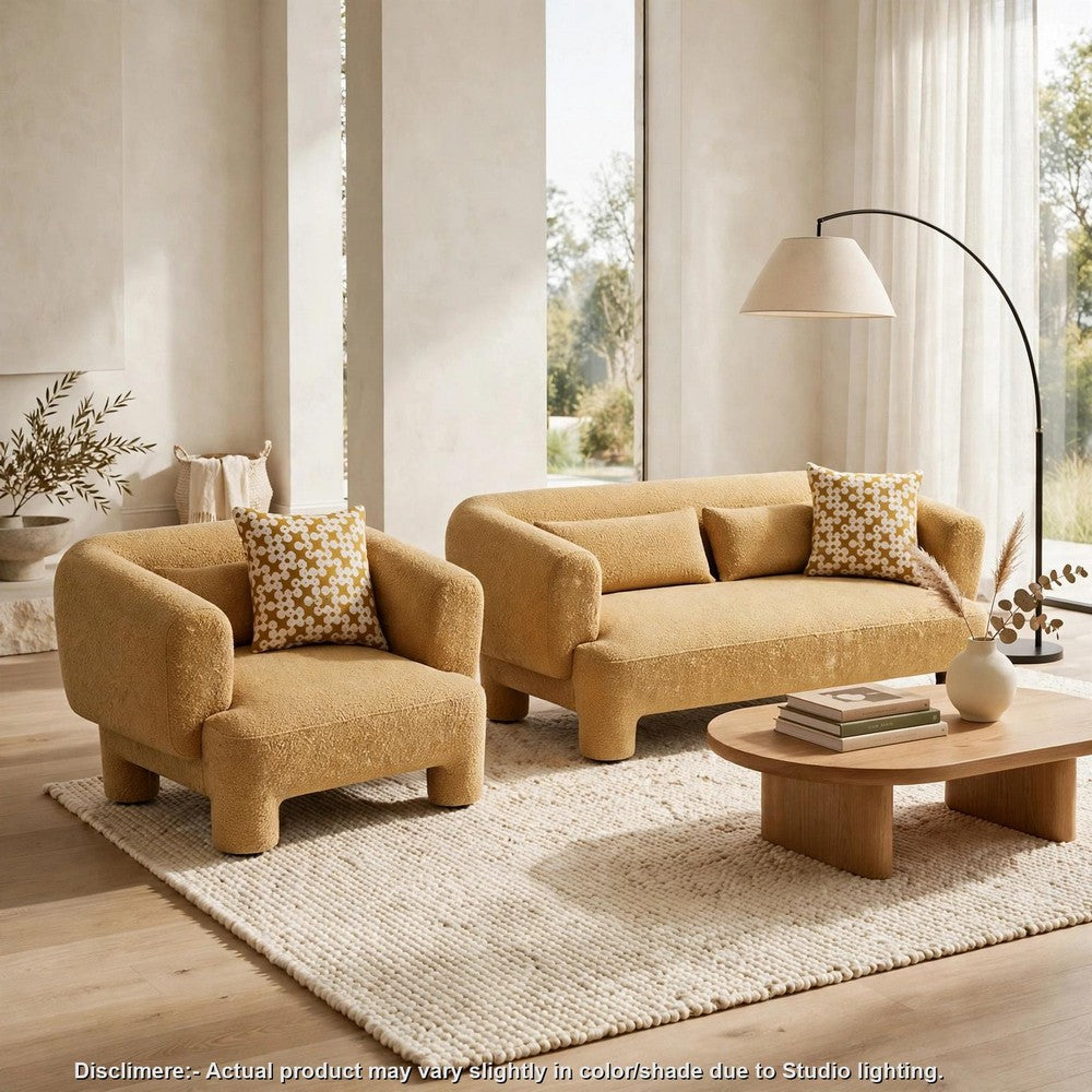 Hira 2pc Sofa and Oversized Chair Set | 5 Pillows | Round Arms | Yellow Fabric