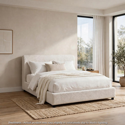 Woi Full Bed | Foam Headboard | Metallic White Boucle-Chenille Upholstery