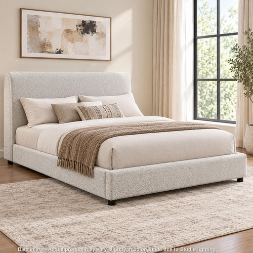 Woi Queen Bed | Foam Headboard | Metallic White Boucle-Chenille Upholstery