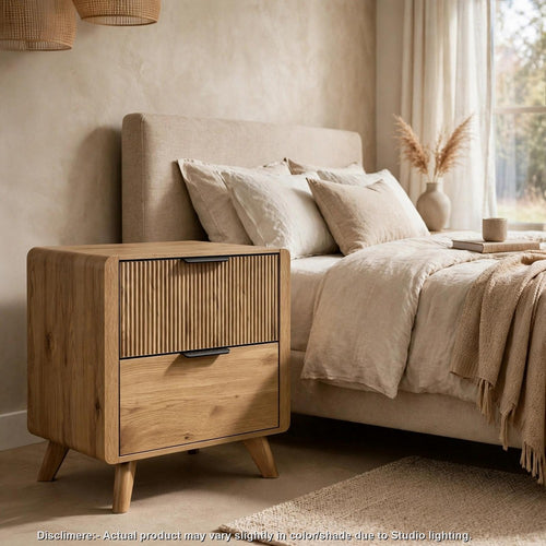 Siva Nightstand | 2 Drawers | Vertical Reeded Fronts | Light Oak Brown