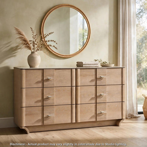 Lumi Wide Dresser | White Sintered Stone Top | 6 Drawer | Light Oak Brown