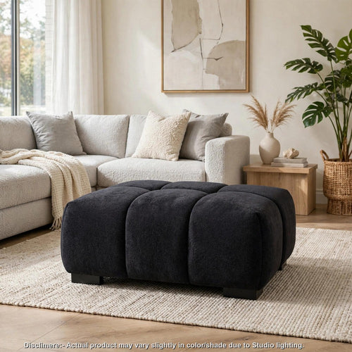 Hecy Modern Ottoman | Tufted Seat | Sculpted Black Upholstery | 39"