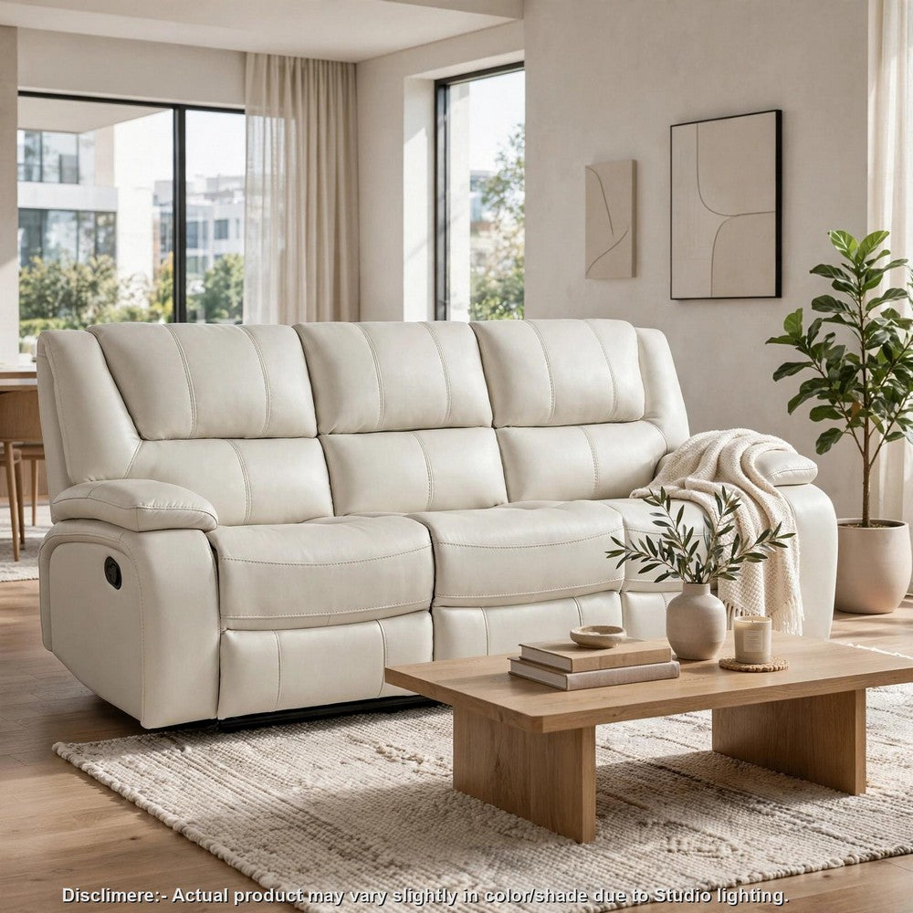 Mila Manual Motion Reclining Sofa | White Faux Leather Upholstery | 86"