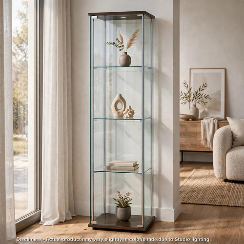 Byra Curio Cabinet | Cappuccino Brown | Chrome | 3 Glass Shelves | 64"