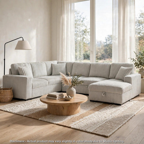 Rema Sectional U Sofa with Chaise | Pull Out Bed | 3 Pillows | Light Gray