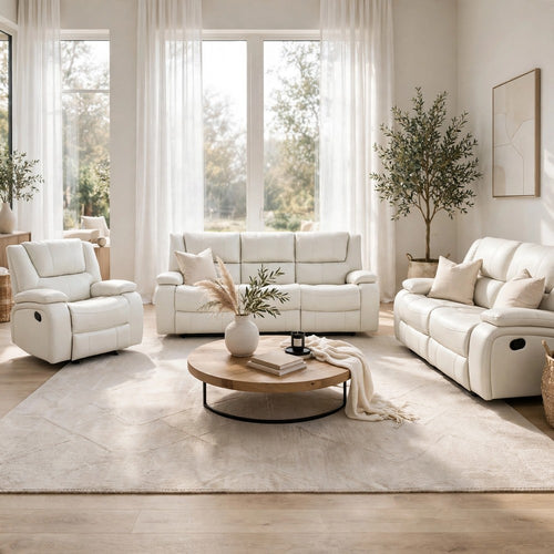 Mila 3pc Manual Reclining Sofa Set | White Faux Leather | Channeled Cushions
