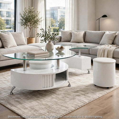 Dema 3pc Storage Coffee Table and Stools Set | S Glass Top | White Gloss