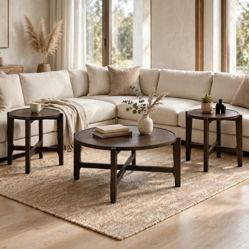 Katie 3pc Coffee and End Table Set | Round Top | Cross Legs | Dark Brown