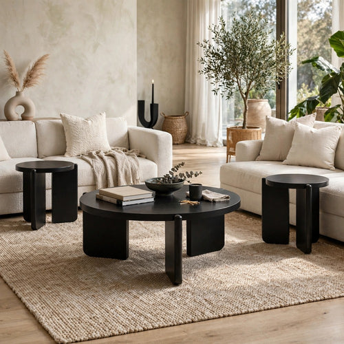 Kiya 3pc Coffee and End Table Set | Round Top with Panel Legs | Black