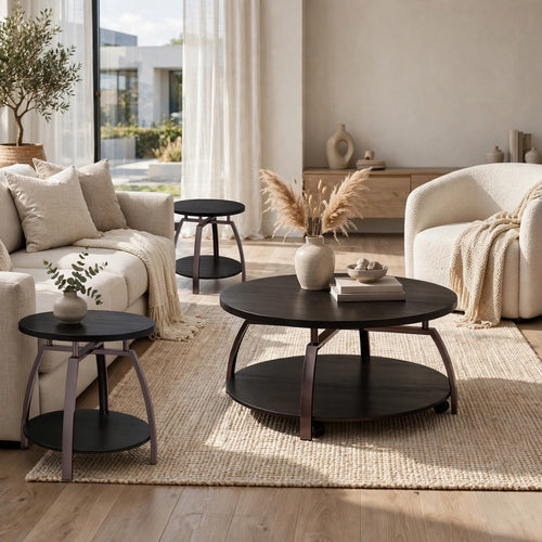 Dyn 3pc Round Coffee and End Table Set | Open Shelf | Charcoal Black