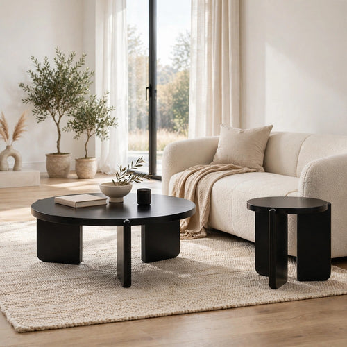 Kiya Modern 2Pc Round Coffee and Side End Table Set | Black Asian Hardwood