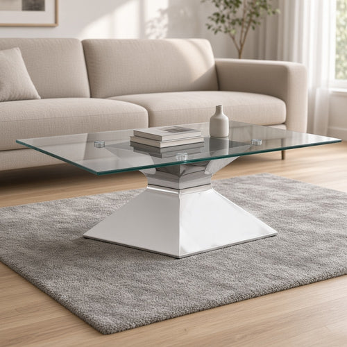 Tani Coffee Table | Tempered Glass | Stainless Steel Hourglass Base 48"