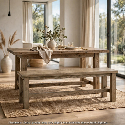 Dova Dining Bench with Stretcher Base | Vineyard Oak Solid Rubberwood 51"
