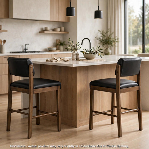 Khloe Counter-Height Chairs | Set of 2 | Black Faux-Leather | Walnut Wood