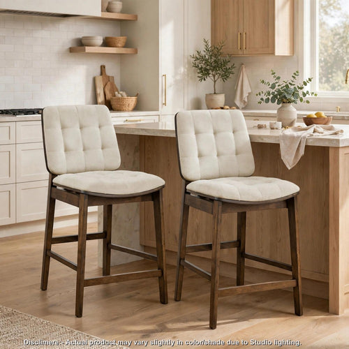 Bera Counter-Height Chairs | Brown Wooden Feet | Set of 2 | Cream Velvet