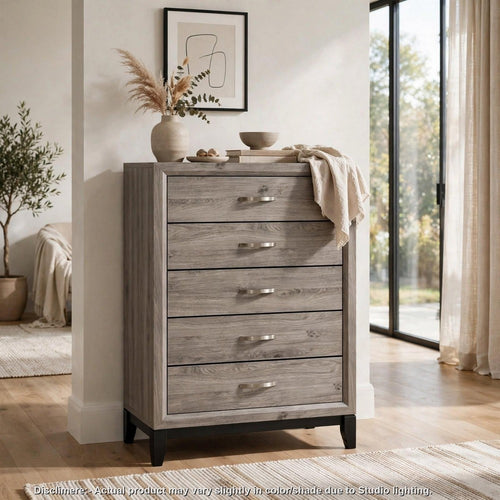 Kapa Tall Dresser Chest | 6 Drawers | Nickel Hardware | Taupe- Black Wood