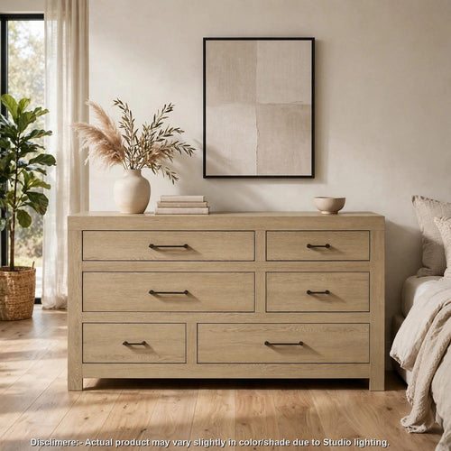 Juhi Wide Dresser | 6 Drawer | Asymmetrical Design | Light Oak Wood