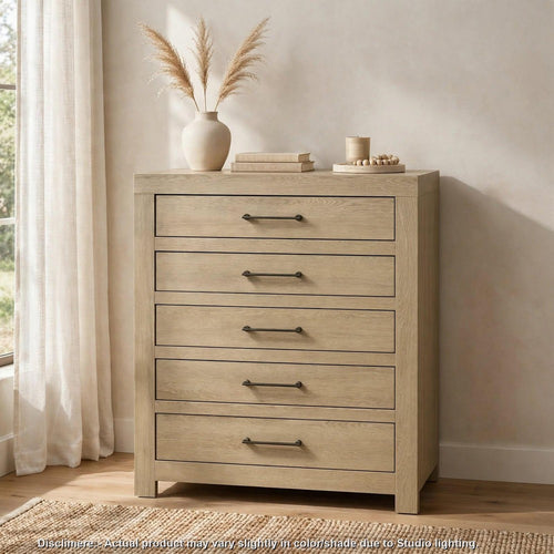 Juhi Tall Dresser Chest | 5 Drawers | Gunmetal Handles | Light Oak Wood