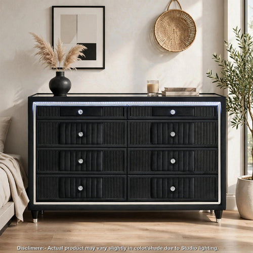 Vinni Wide Dresser w LED | 8 Drawers | Glass Top | Channeled Black Velvet