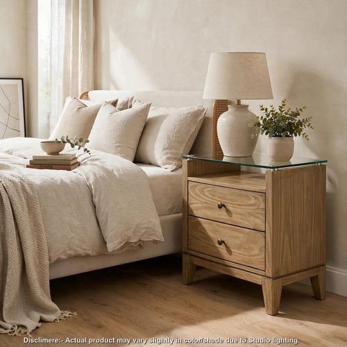 Heon Nightstand | Glass Top | 2 Drawers | Open Shelf | Natural Pine Brown