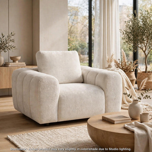 Beno Sofa Chair | Wide Arms | Rounded Profile | Channel Tufted Ivory Chenille