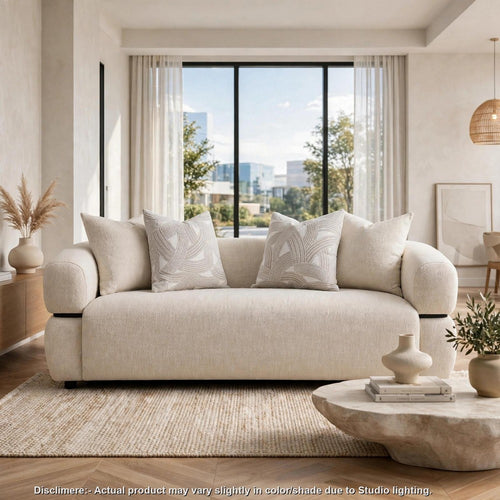 Rakhi Sofa | 4 Pillows | Curved Shape | Wood Waistband | Beige Fabric 84"