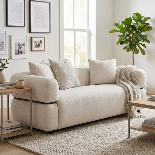 Rakhi Curved Loveseat | 3 Pillows | Wood Waistband | Beige Fabric 73"