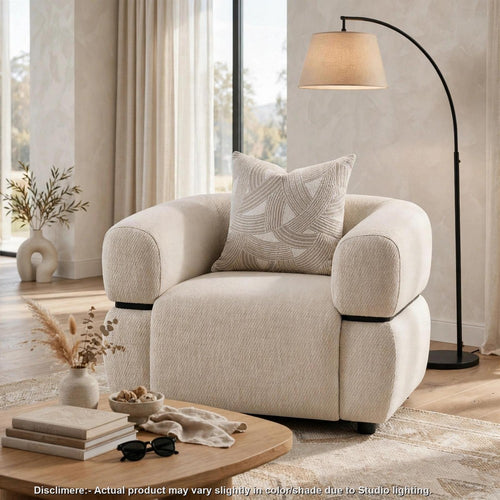 Rakhi Sofa Chair w 1 Pillow | Curved Shape | Wood Waistband | Beige Fabric