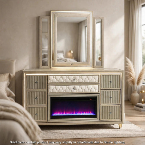 Maren Wide Dresser and Mirror Set w LED Flame Box | Ivory and Camel Velvet