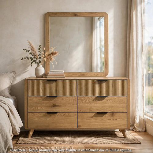 Siva 2pc Wide Dresser and Mirror Set | 6 Drawers | Reeded | Light Oak Brown
