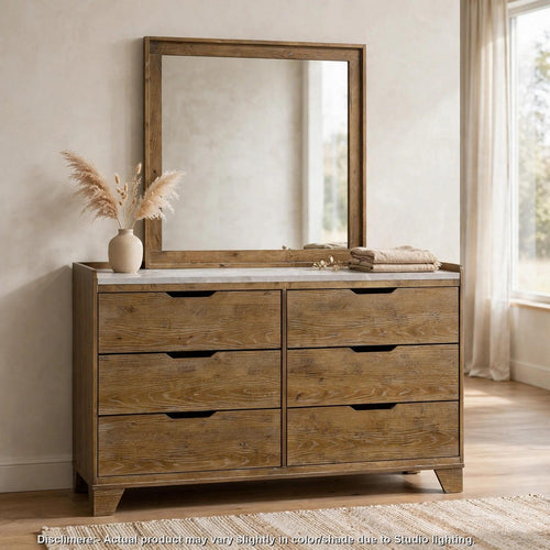 Nolan 2pc Wide Dresser n Mirror Set | Faux Marble | 6 Drawers | Oak Brown