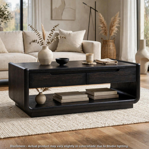 Lina Cocktail Coffee Table | 2 Drawers | Open Shelf | Burnished Black 48"
