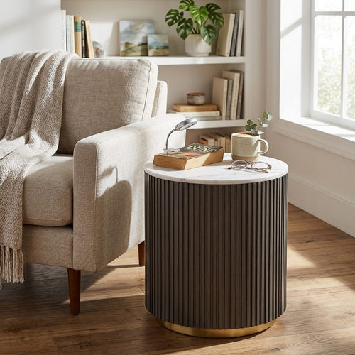 Jiya Side End Table | Round Marble Top | Reeded Base | Charcoal Gray 24"
