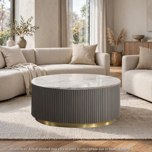 Jiya Coffee Table | Round Marble Top | Reeded Base | Charcoal Gray 35"