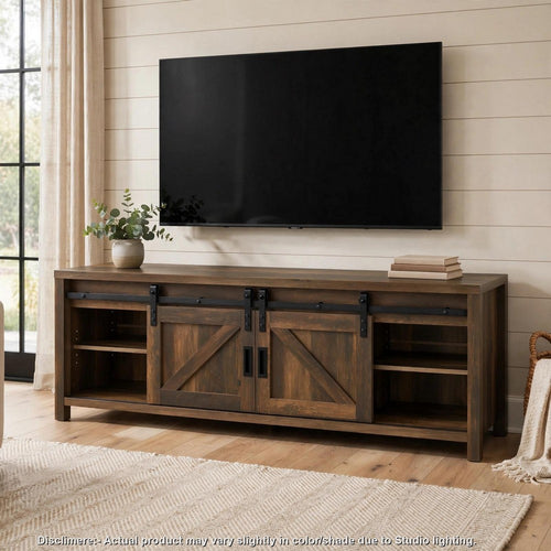 Ency TV Stand Fireplace Media Console | Barn Doors | Dark Pine Brown 71"