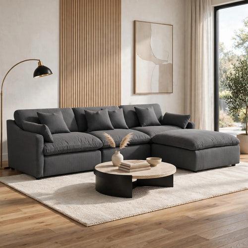 Hobo 4pc Modular Sectional Sofa Set | 6 Pillows | Gray Performance Fabric