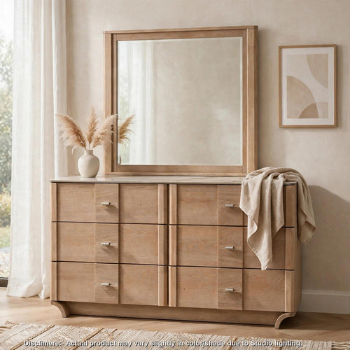 Lumi Wide Dresser and Mirror Set | 6 Curved Drawers | Light Oak Brown