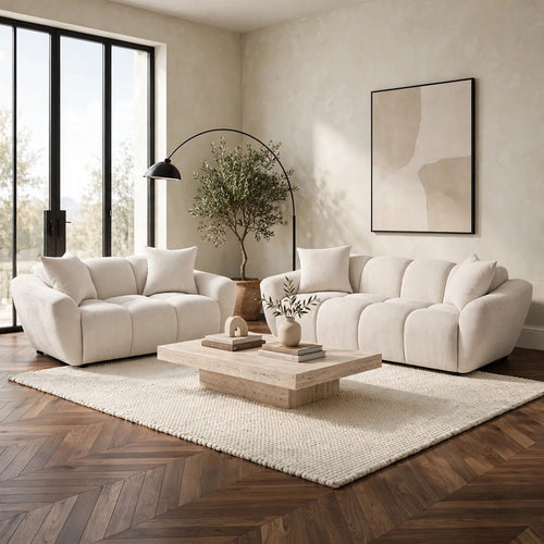 Decy 2pc Sofa | and Loveseat Set | 4 Pillows | Grid Tufted Greige Chenille