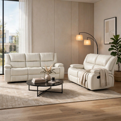 Mila 2pc Manual Motion Reclining Sofa and Loveseat Set | White Faux Leather