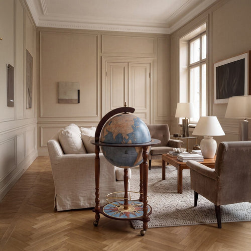 Zoffoli 37" Leonardo Da Vinci Floor Standing Globe Bar Cart with an 18th-Century Map | Blue Dust